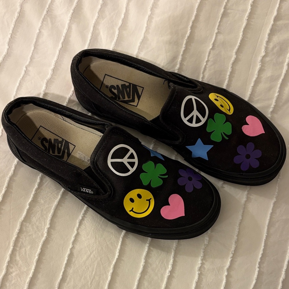 Vans Black Slip-On Sneakers with Colorful Icons